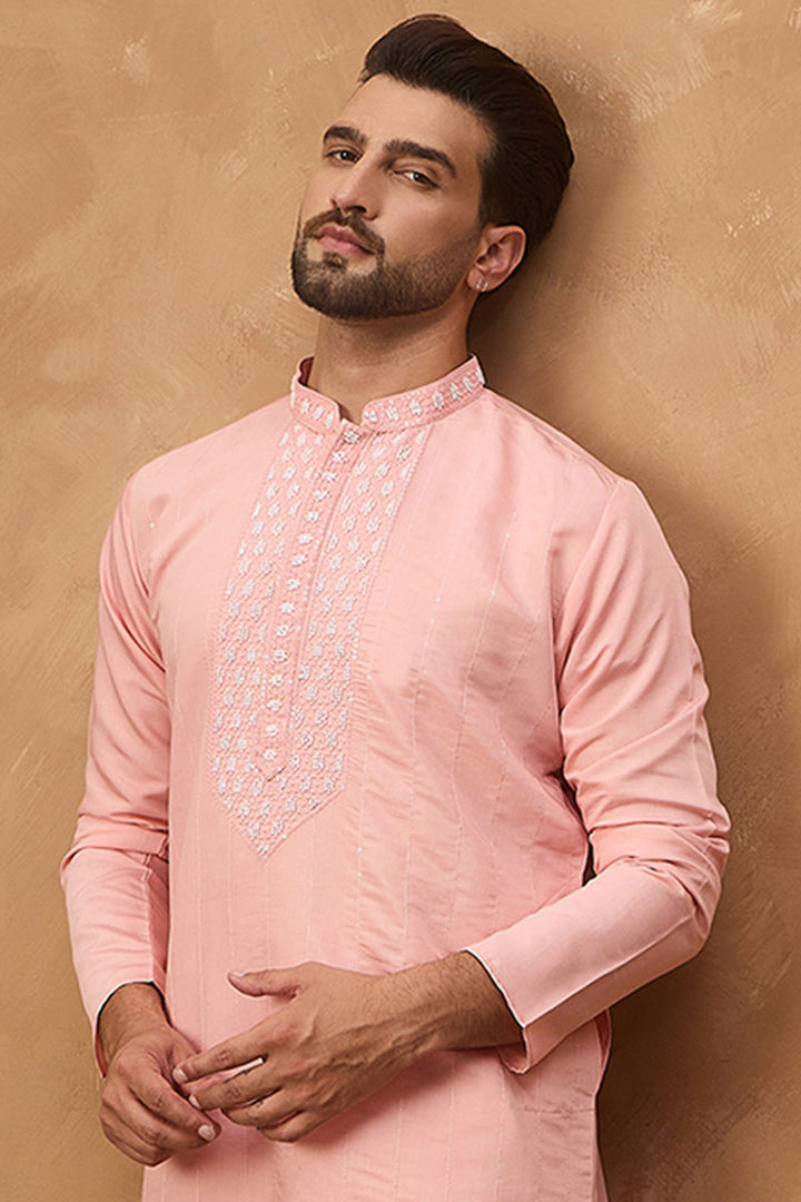 Peach Silk Blend Solid Solid Straight Kurta With Pant Set|SHOBITAM