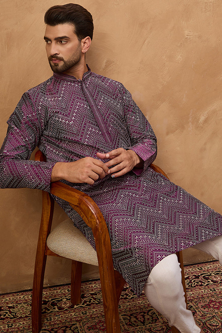 Purple Silk Blend Geometric Printed Straight Kurta With Pant Set | SHOBITAM