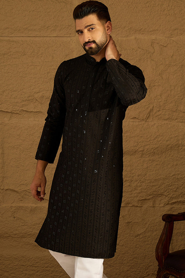 Black Viscose Rayon Solid Embroidered Straight Kurta with Trouser | SHOBITAM