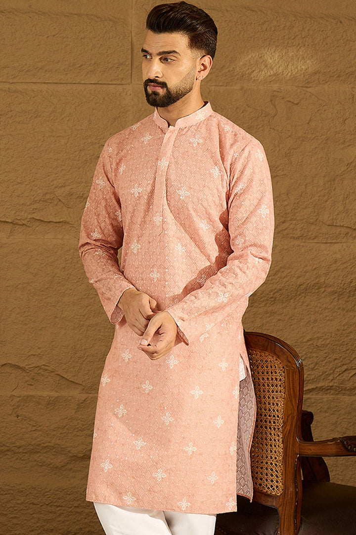 Peach Viscose Rayon Bandhani Embroidered Straight Kurta with Trouser | Shobitam