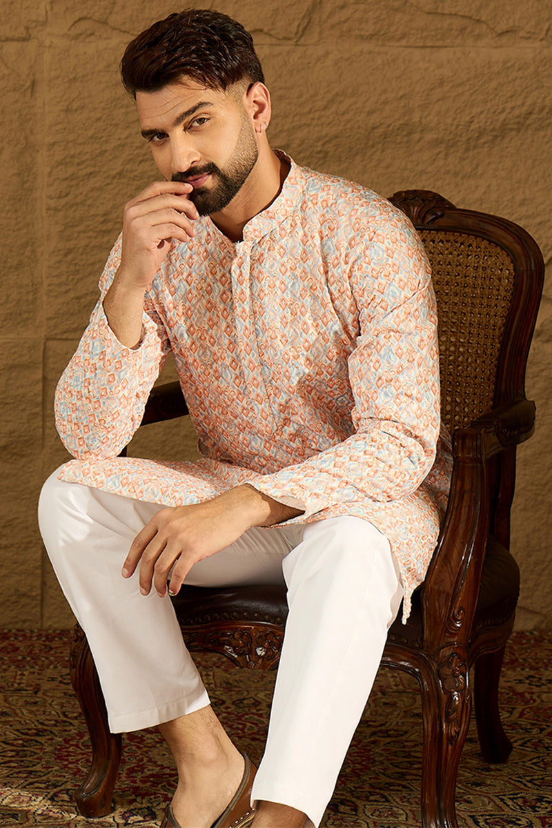 Orange Viscose Rayon Geometric Printed Straight Kurta with Trouser | Shobitam