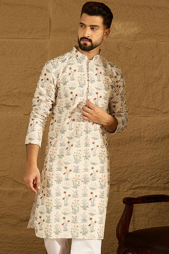 Off White Viscose Rayon Floral Printed Straight Kurta with Trouser | SHOBITAM