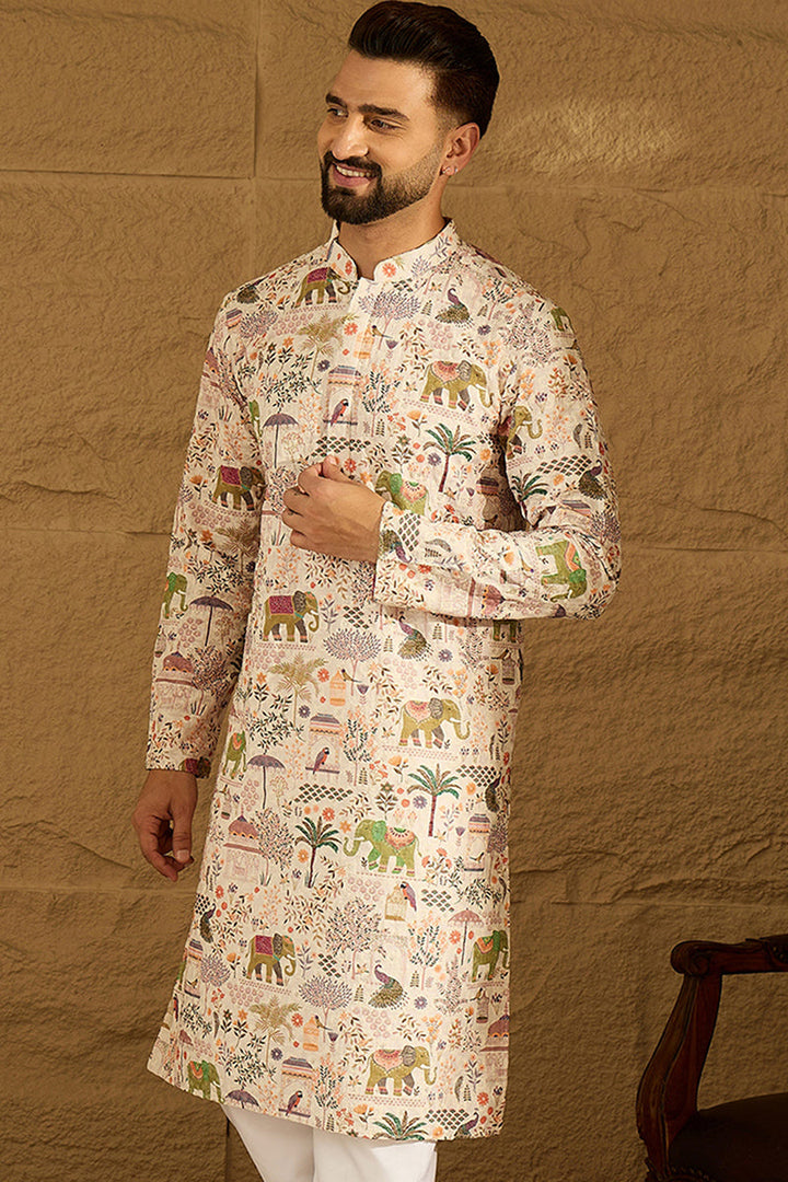 Cream Viscose Rayon Ethnic Motifs Printed Straight Kurta with Trouser | SHOBITAM