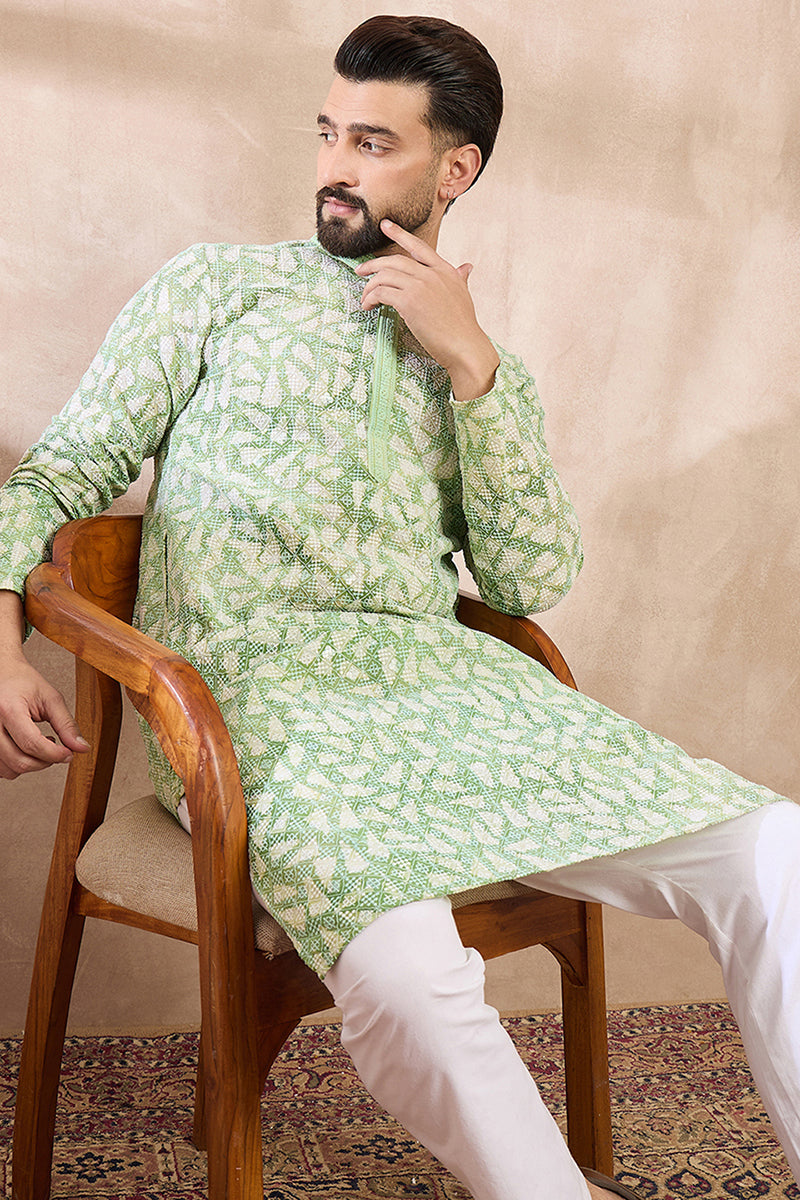 Green Viscose Rayon Ethnic Motifs Embroidered Straight Kurta With Trouser | SHOBITAM