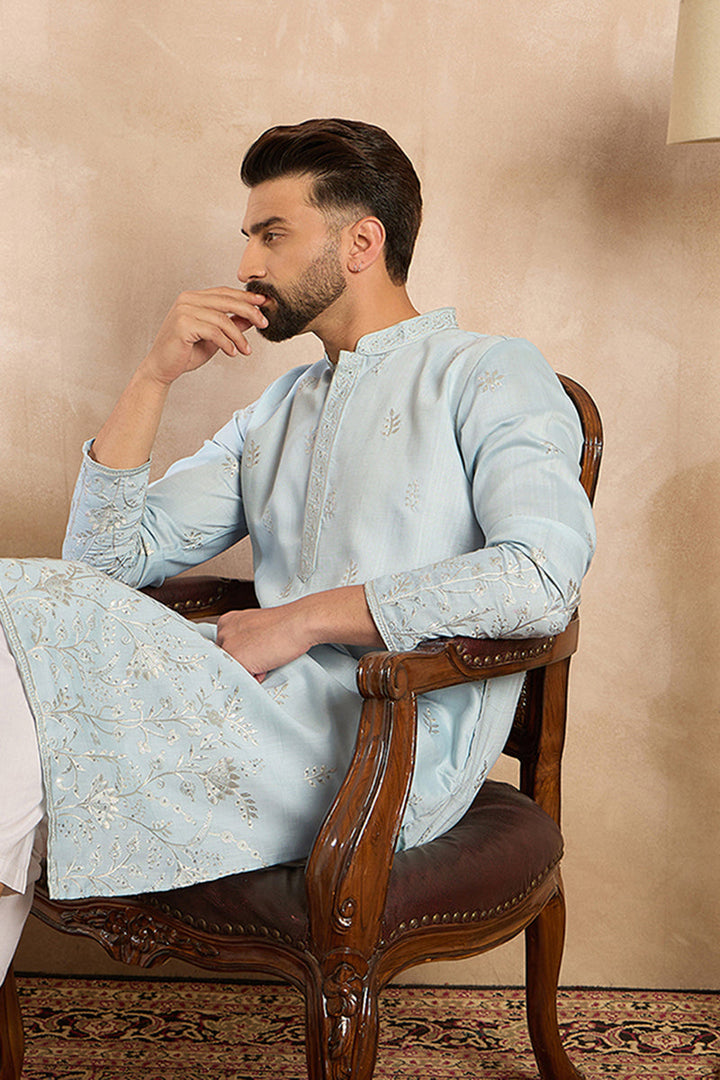Blue Silk Blend Solid Embroidered Straight Kurta With Trouser For Men | SHOBITAM