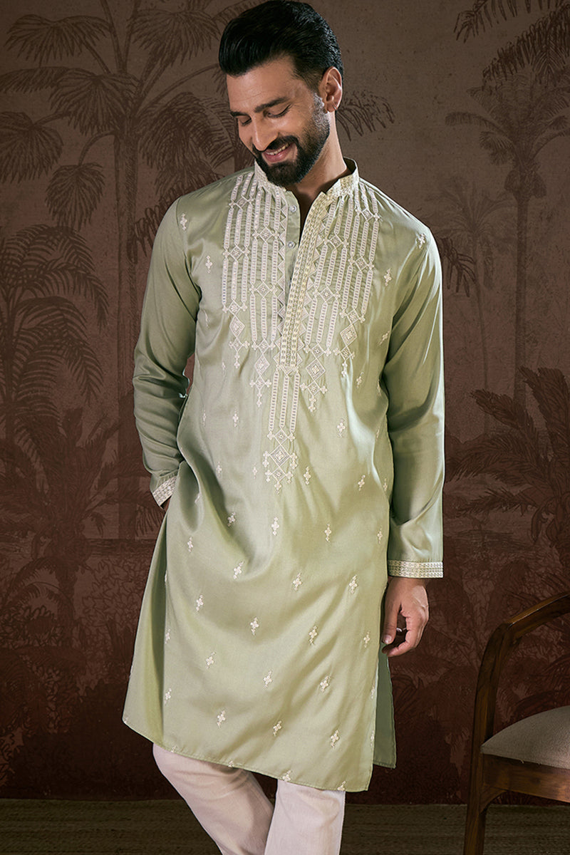 Green Silk Blend Solid Embroidered Straight Kurta With Trouser | SHOBITAM