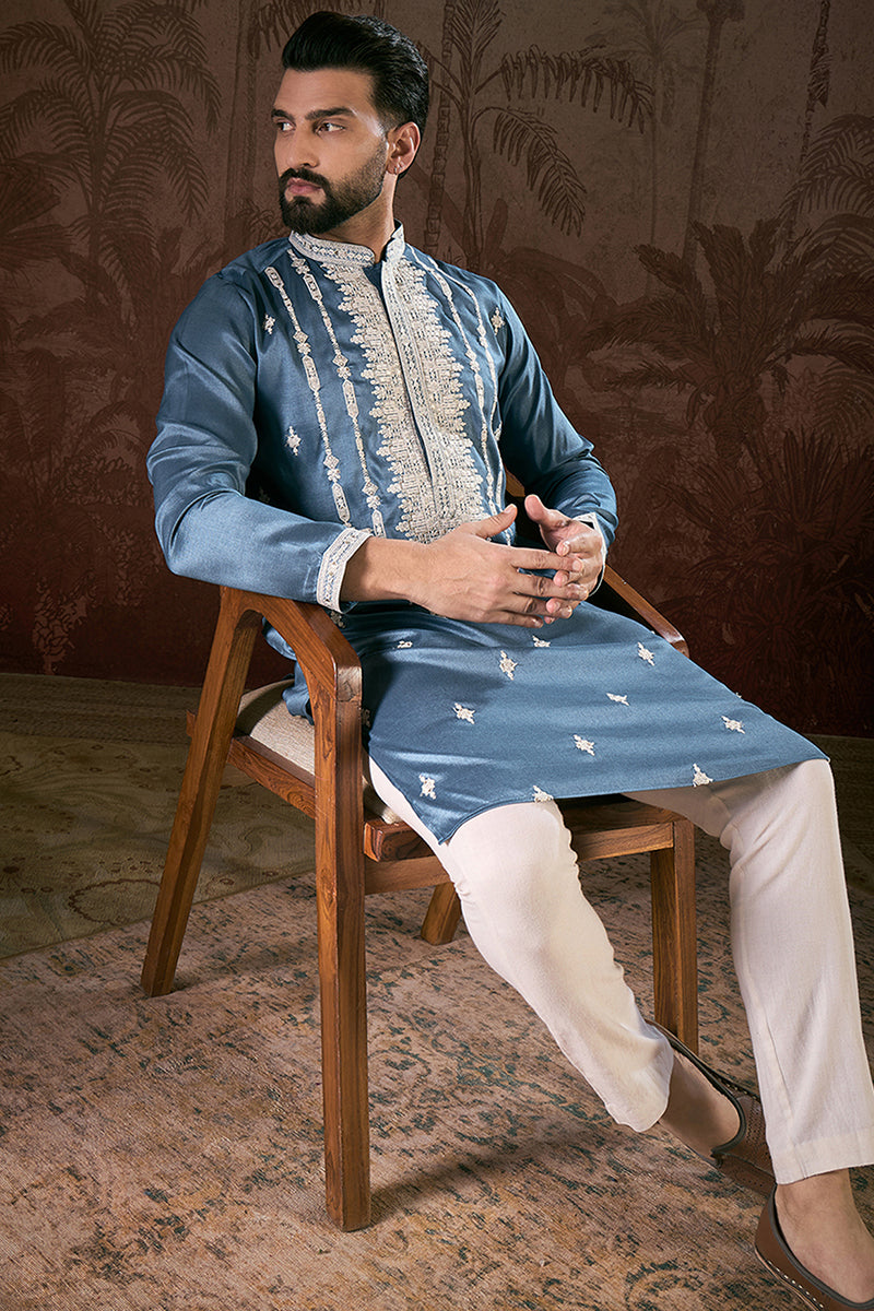 Blue Silk Blend Solid Embroidered Straight Kurta With Trouser | SHOBITAM
