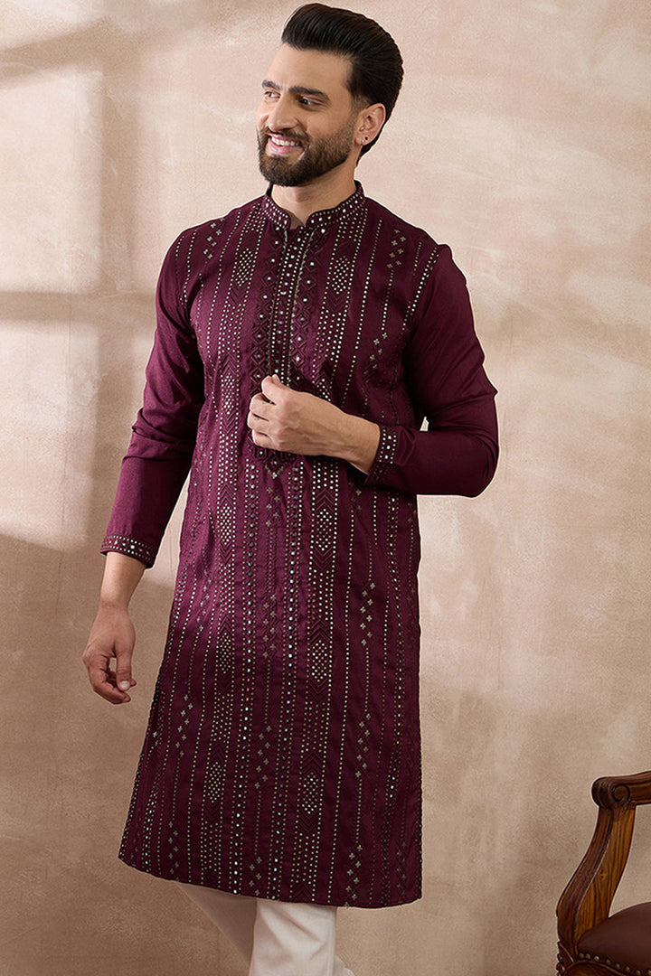 Purple Silk Blend Embroidered Mandarin Collar Straight Kurta With Trouser | SHOBITAM