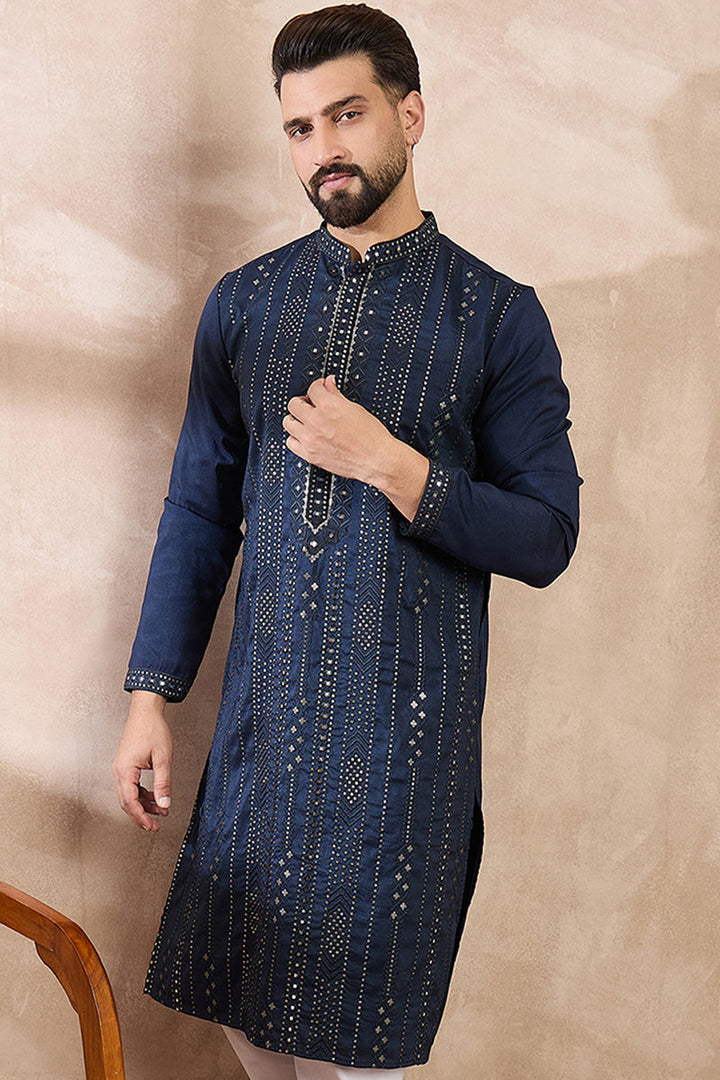 Blue Silk Blend Geometric Embroidered Straight Kurta With Trouser | SHOBITAM