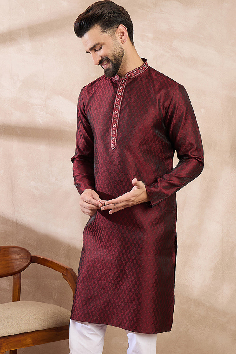 Maroon Silk Blend Solid Woven Design Straight Kurta With Trouser | SHOBITAM