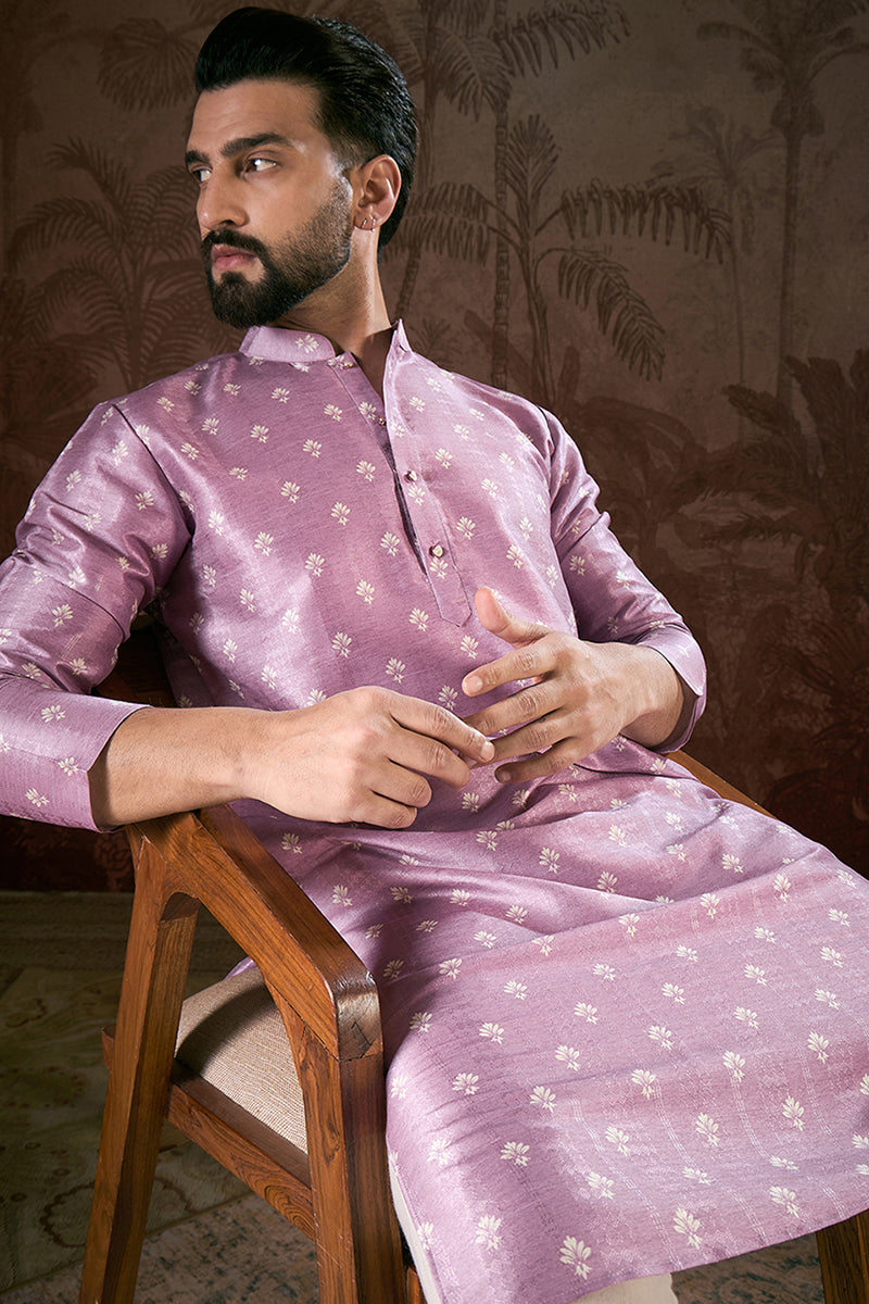 Lavender Silk Blend Floral Printed Straight Kurta With Trouser | SHOBITAM
