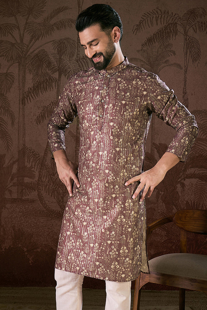 Mauve Silk Blend Floral Printed Straight Kurta With Trouser | SHOBITAM