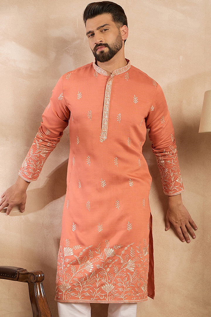 Peach Vartican Solid Embroidered Straight Kurta With Trouser | SHOBITAM
