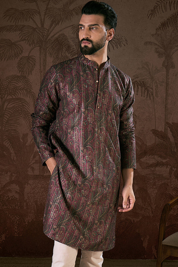 Purple Silk Blend Ethnic Motifs Printed Straight Kurta With Trouser | SHOBITAM