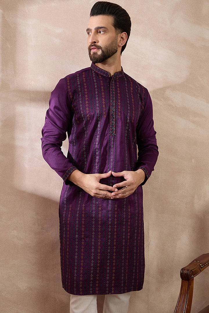 Purple Silk Blend Embroidered Mandarin Collar Straight Kurta With Trouser | SHOBITAM