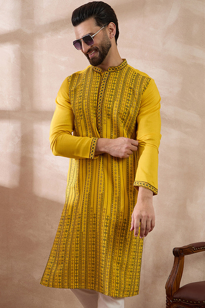 Yellow Silk Blend Embroidered Mandarin Collar Straight Kurta With Trouser | SHOBITAM