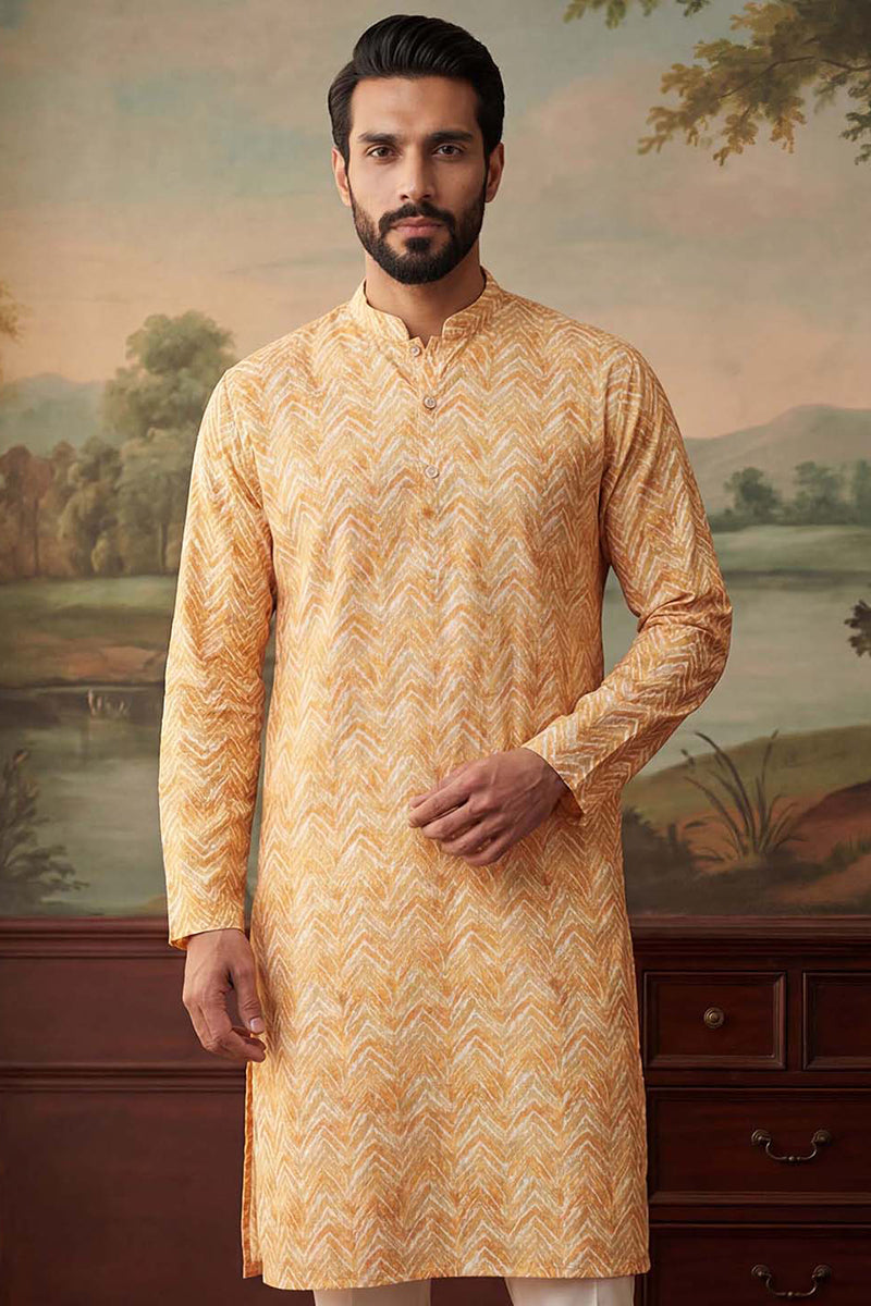 Yellow Linen Printed Straight Kurta With Trousers | SHOBITAM