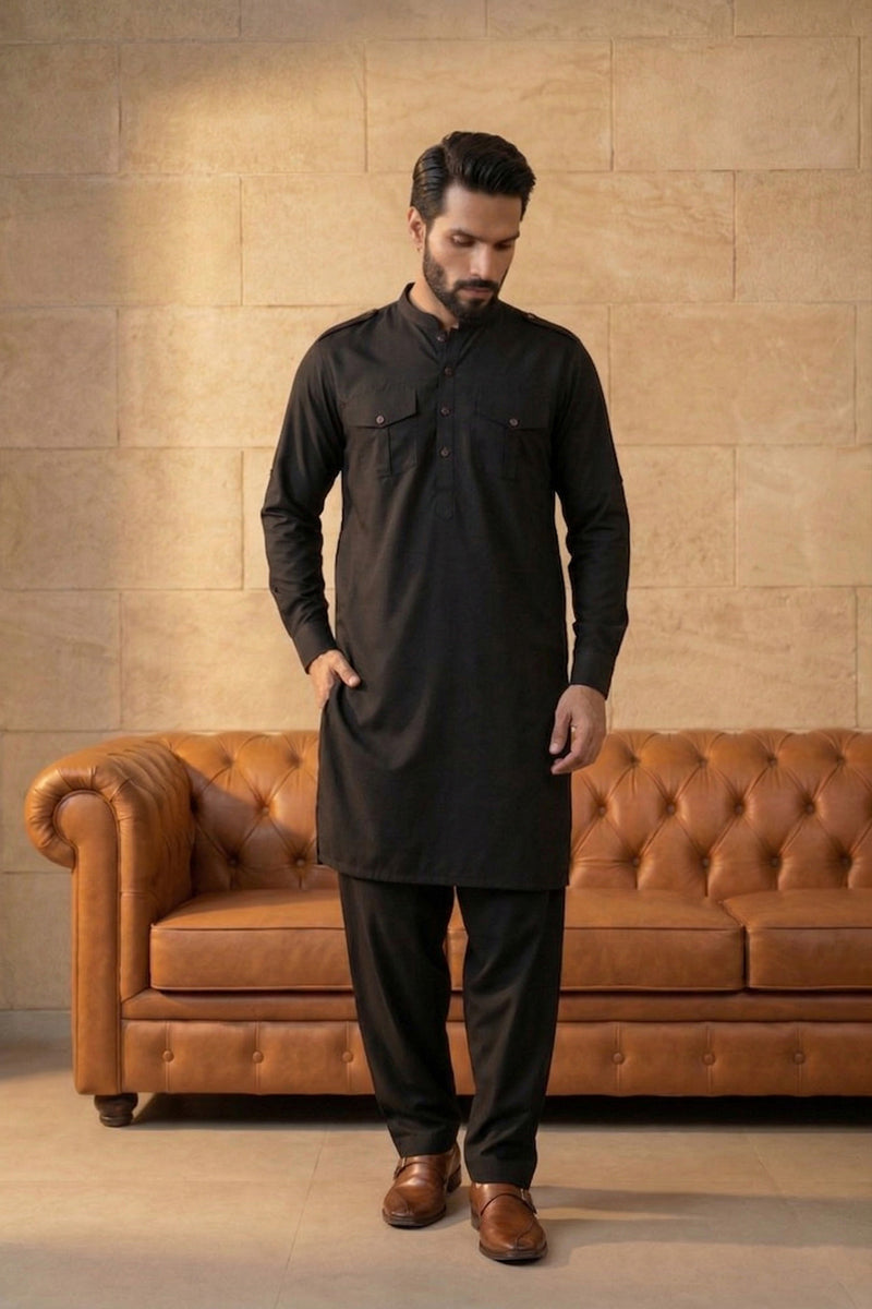 Men Black Viscose Rayon Solid Straight Pathani Set | SHOBITAM
