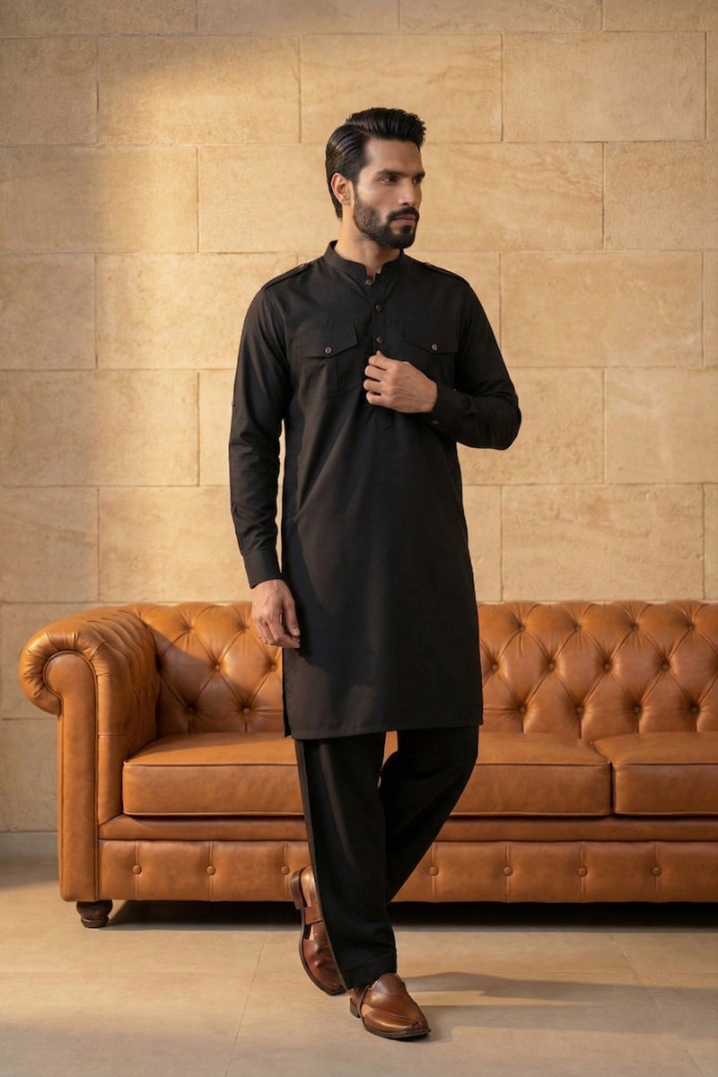 Men Black Viscose Rayon Solid Straight Pathani Set | SHOBITAM