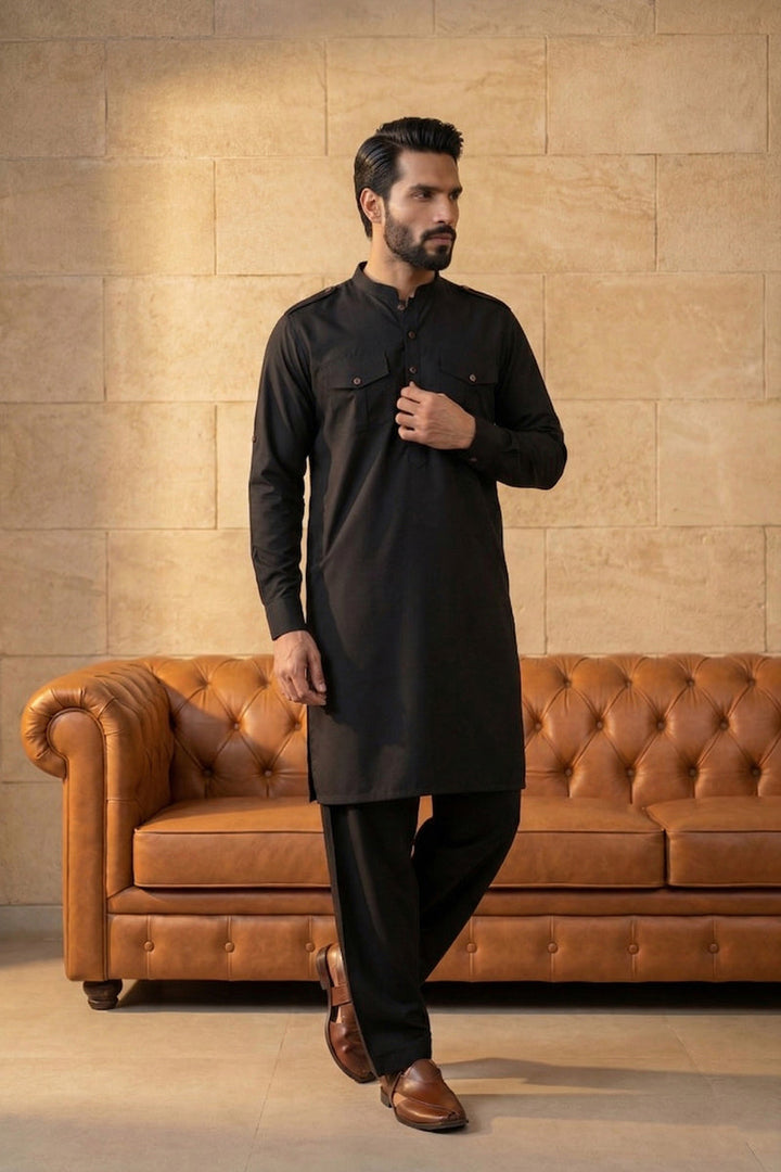 Men Black Viscose Rayon Solid Straight Pathani Set | SHOBITAM