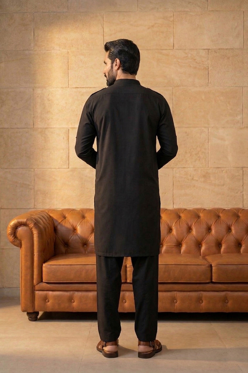 Men Black Viscose Rayon Solid Straight Pathani Set | SHOBITAM