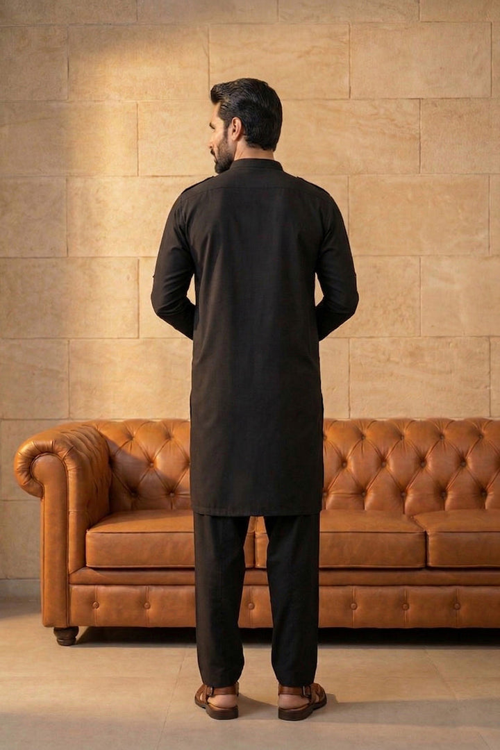 Men Black Viscose Rayon Solid Straight Pathani Set | SHOBITAM