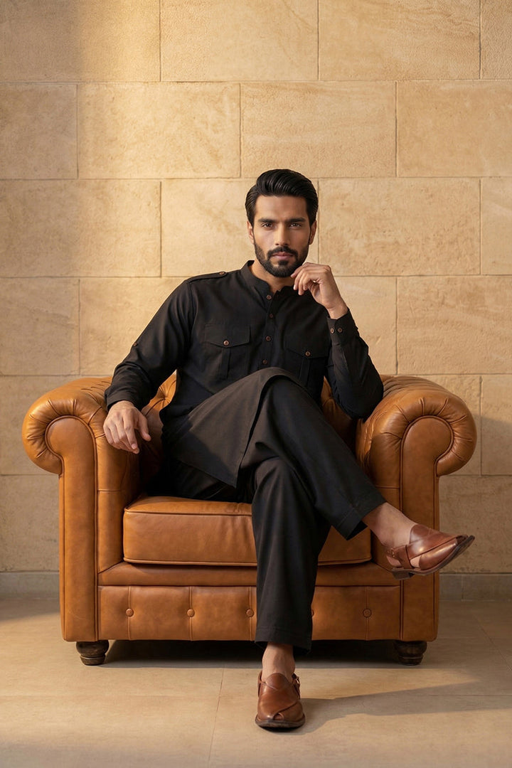 Men Black Viscose Rayon Solid Straight Pathani Set | SHOBITAM
