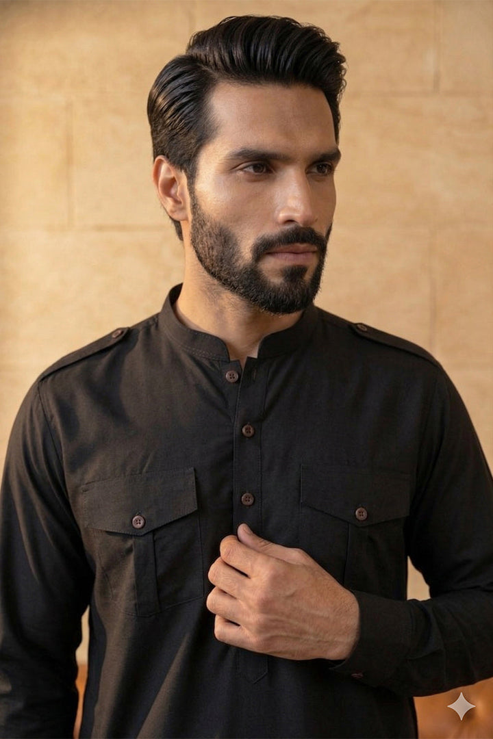 Men Black Viscose Rayon Solid Straight Pathani Set | SHOBITAM