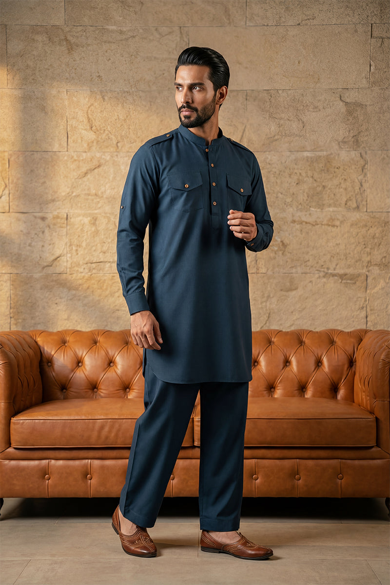 Men Blue Viscose Rayon Solid Straight Pathani Set | SHOBITAM