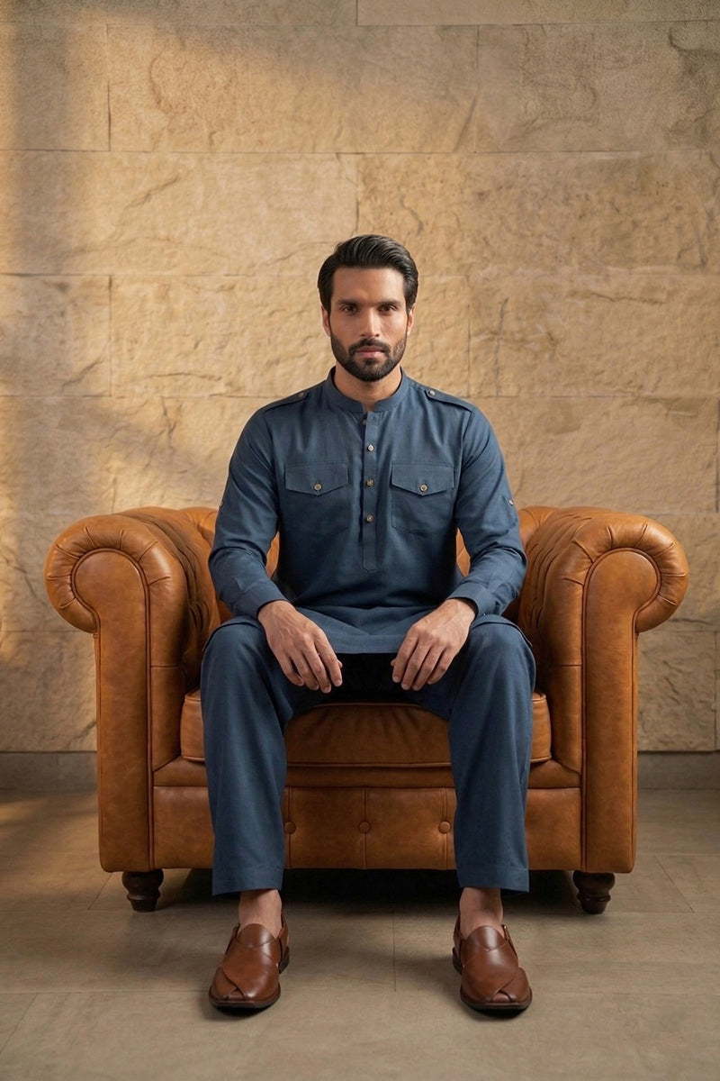 Men Blue Viscose Rayon Solid Straight Pathani Set | SHOBITAM