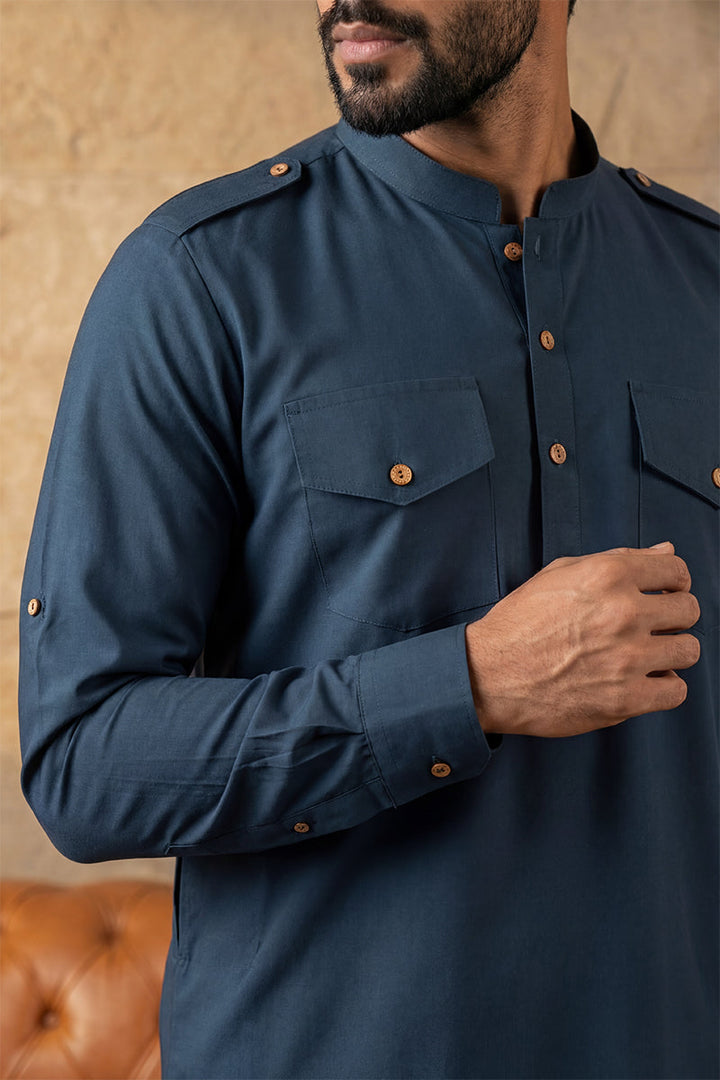 Men Blue Viscose Rayon Solid Straight Pathani Set | SHOBITAM