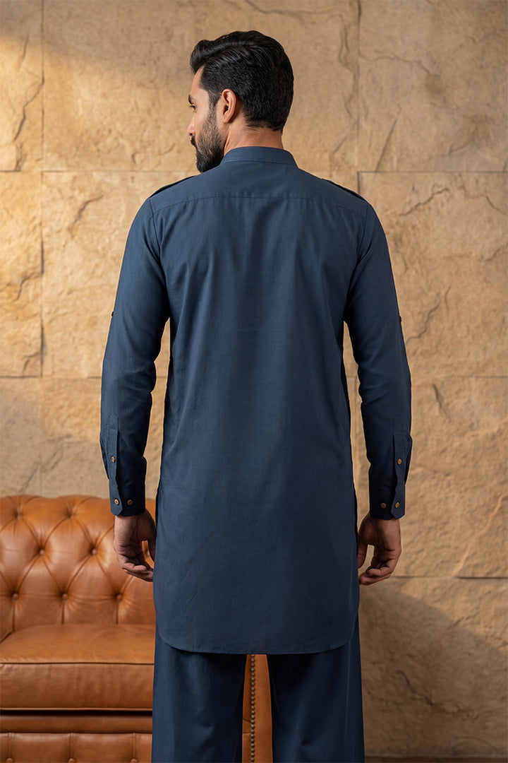 Men Blue Viscose Rayon Solid Straight Pathani Set | SHOBITAM