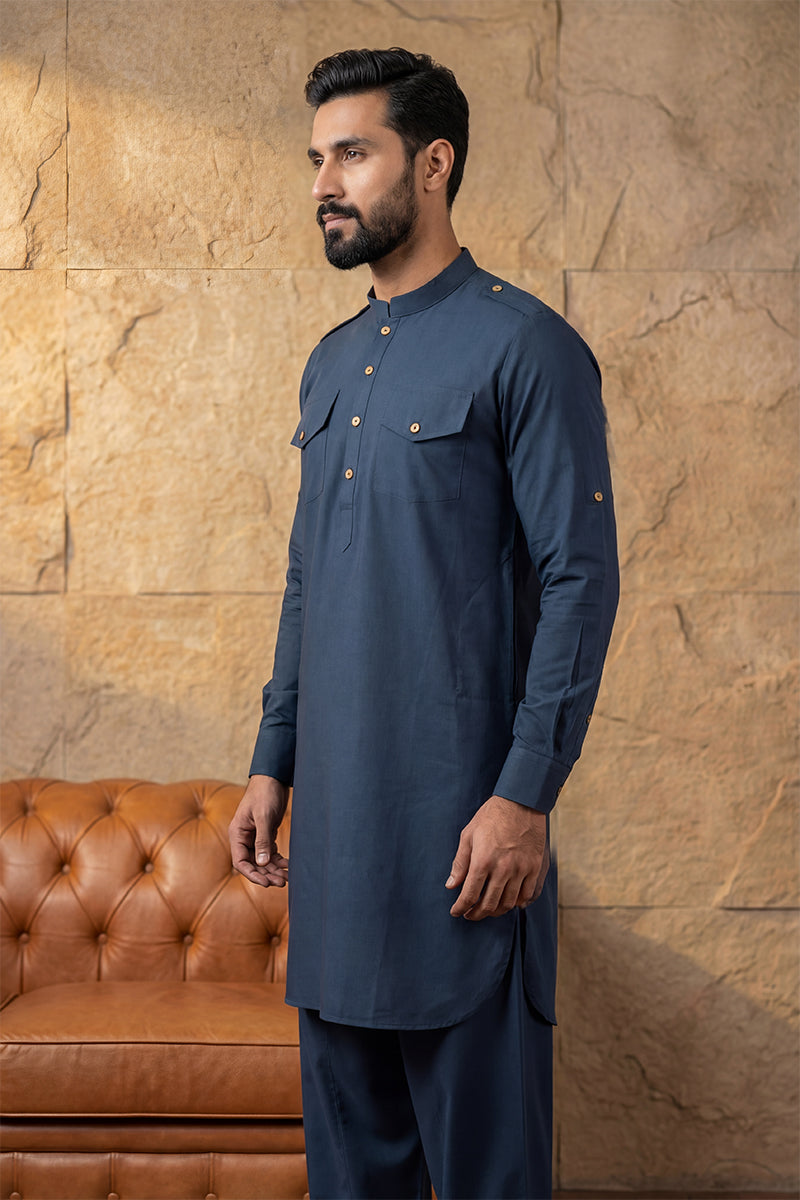 Men Blue Viscose Rayon Solid Straight Pathani Set | SHOBITAM