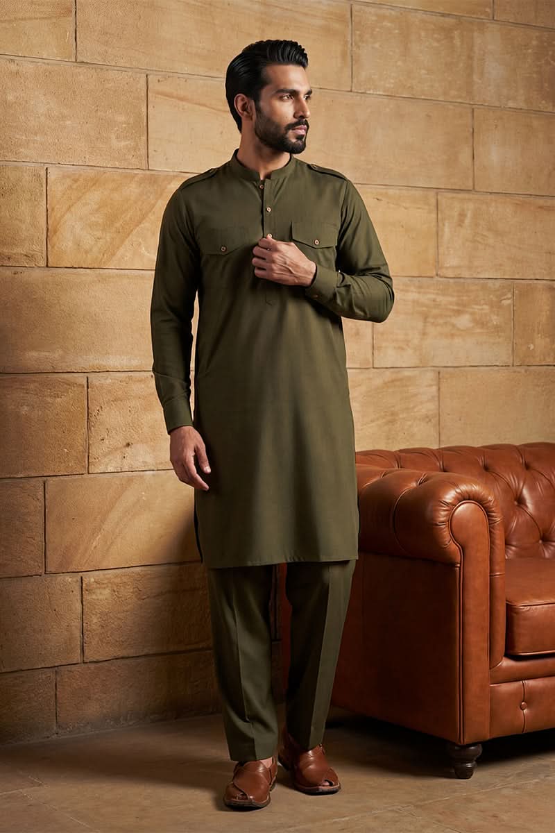 Men Green Viscose Rayon Solid Straight Pathani Set | SHOBITAM