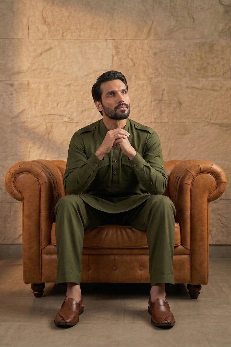 Men Green Viscose Rayon Solid Straight Pathani Set | SHOBITAM