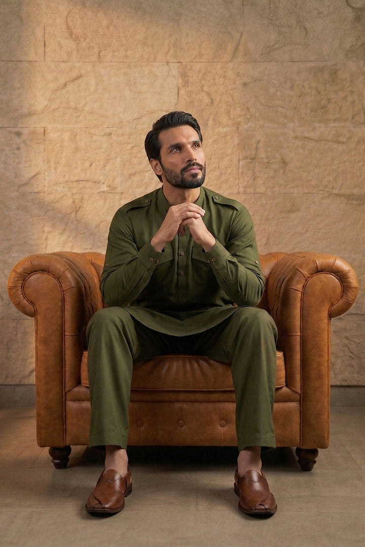 Men Green Viscose Rayon Solid Straight Pathani Set | SHOBITAM