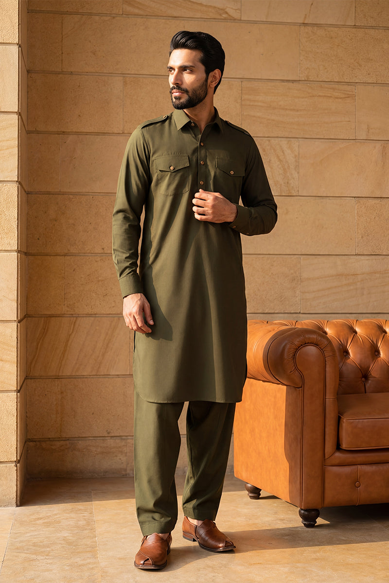 Men Green Viscose Rayon Solid Straight Pathani Set | SHOBITAM