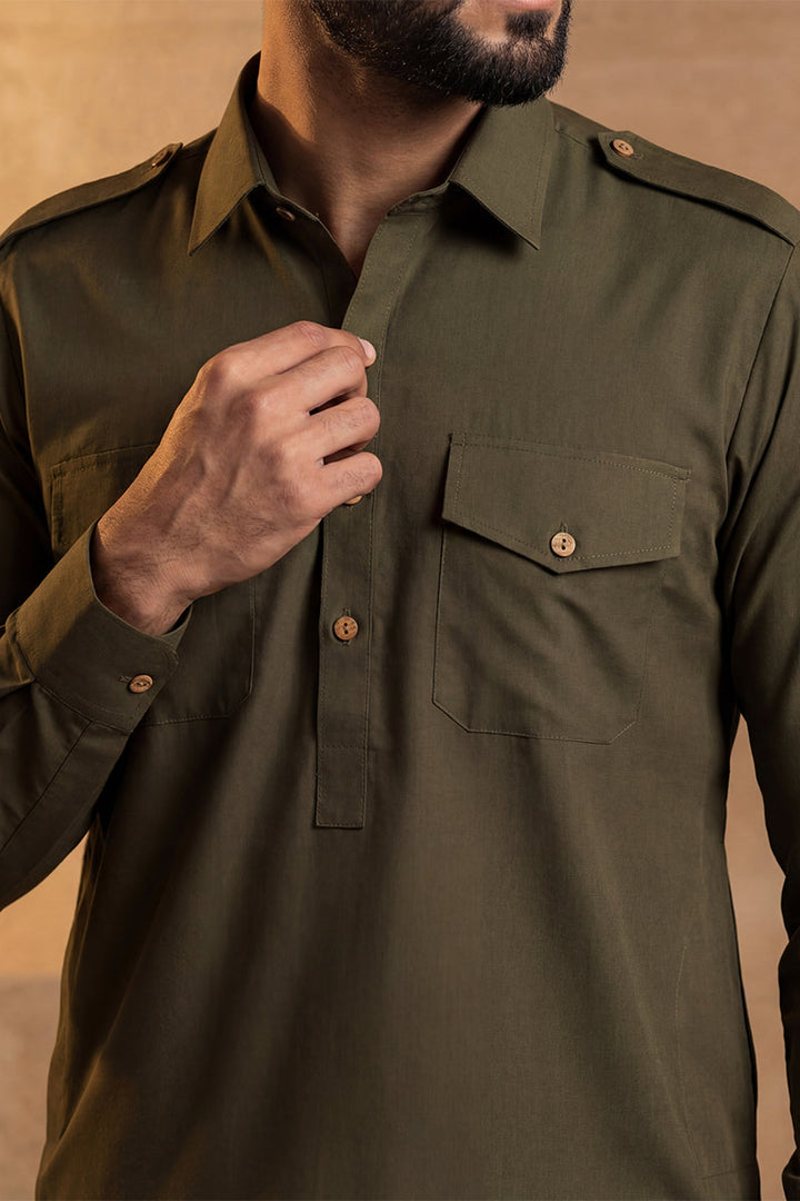 Men Green Viscose Rayon Solid Straight Pathani Set | SHOBITAM