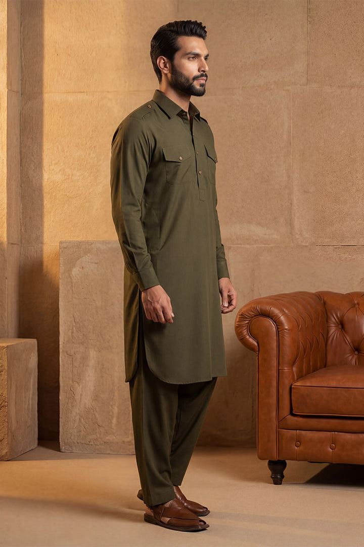 Men Green Viscose Rayon Solid Straight Pathani Set | SHOBITAM