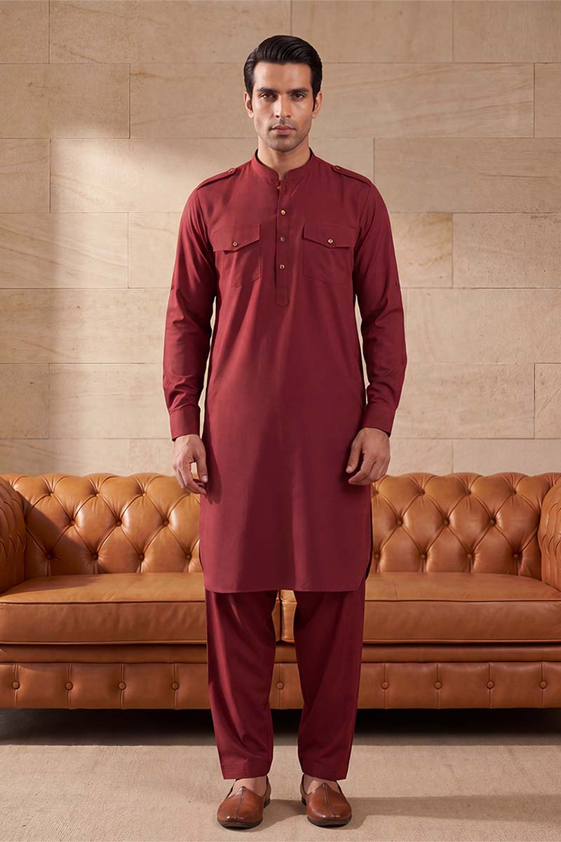 Men Red Viscose Rayon Solid Straight Pathani Set | SHOBITAM