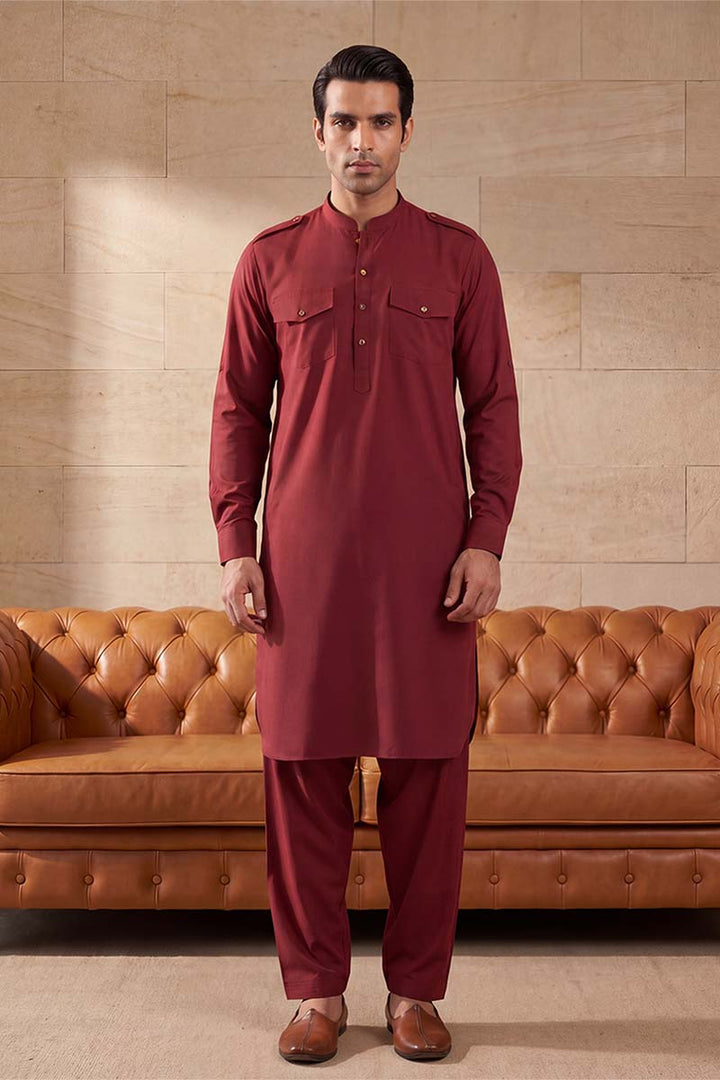 Men Red Viscose Rayon Solid Straight Pathani Set | SHOBITAM