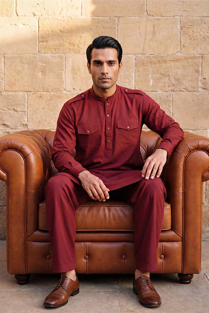 Men Red Viscose Rayon Solid Straight Pathani Set | SHOBITAM