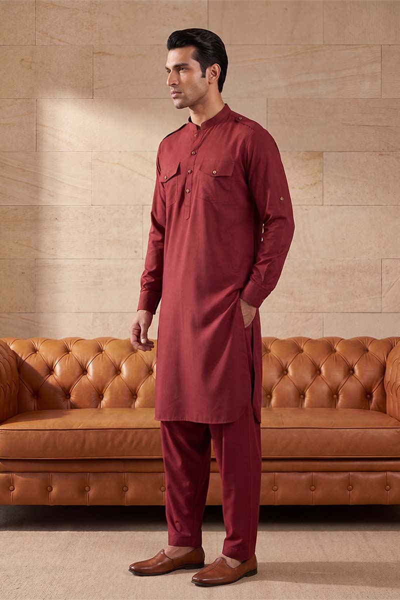 Men Red Viscose Rayon Solid Straight Pathani Set | SHOBITAM