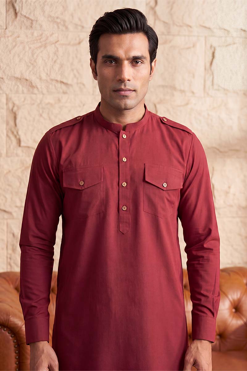 Men Red Viscose Rayon Solid Straight Pathani Set | SHOBITAM