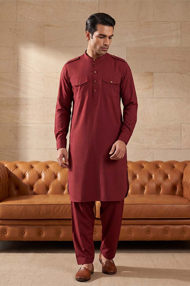 Men Red Viscose Rayon Solid Straight Pathani Set | SHOBITAM