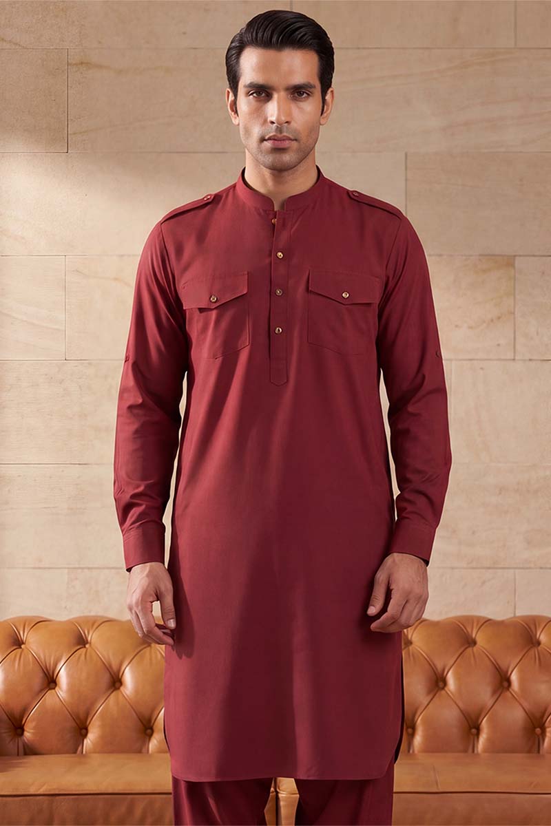Men Red Viscose Rayon Solid Straight Pathani Set | SHOBITAM