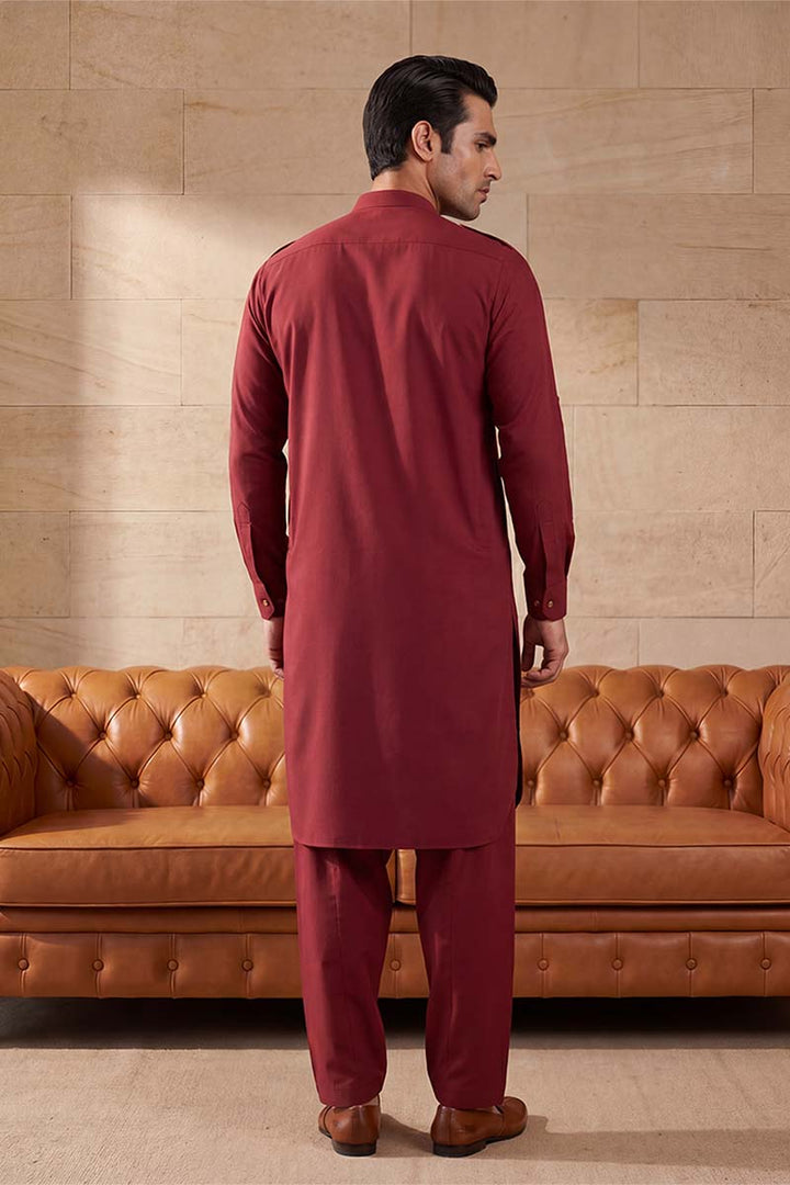 Men Red Viscose Rayon Solid Straight Pathani Set | SHOBITAM