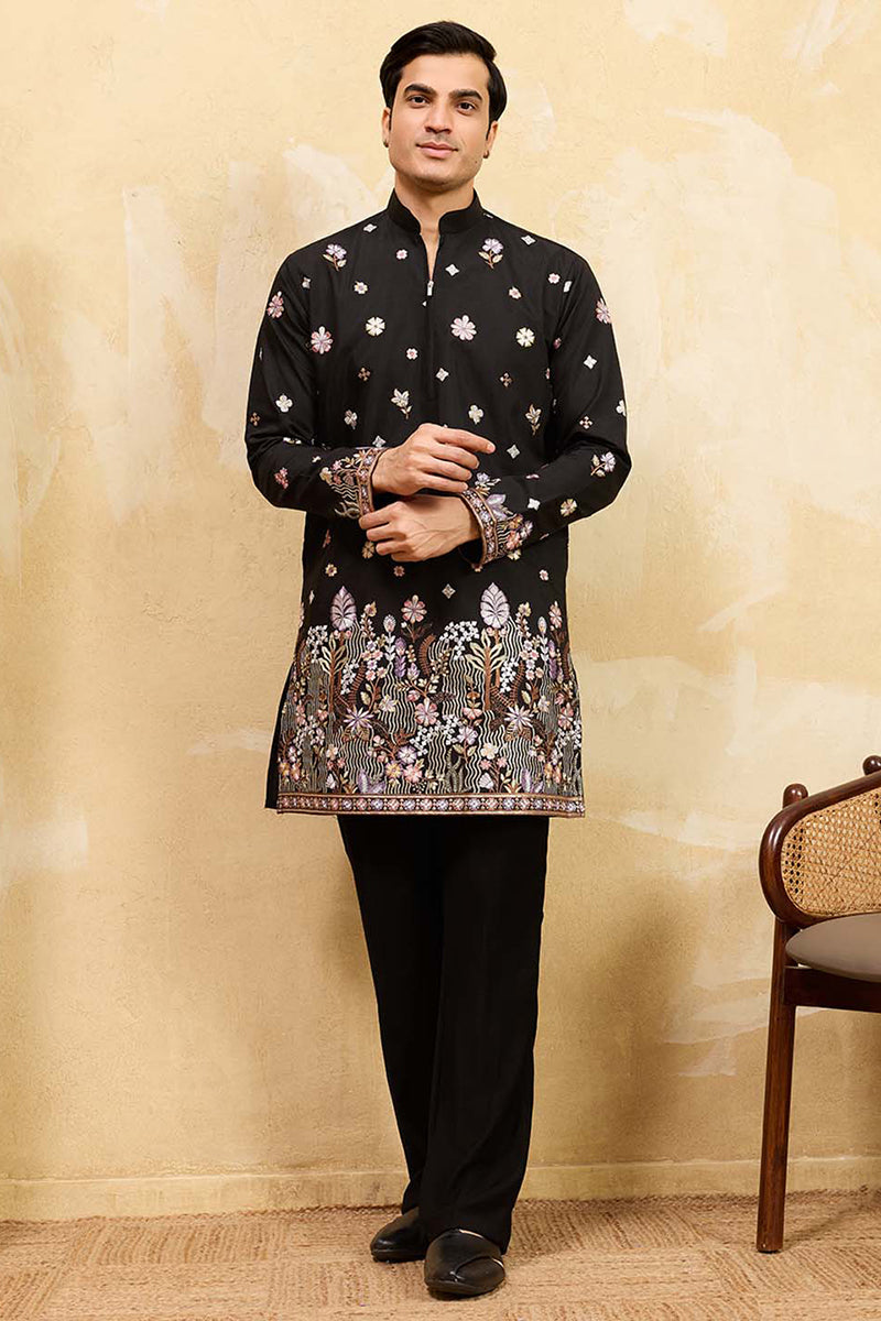 Men Black Silk Blend Embroidered Straight Kurta Sets | SHOBITAM