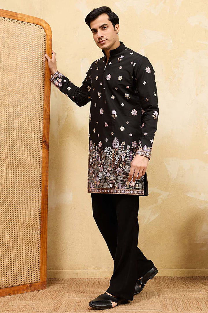 Men Black Silk Blend Embroidered Straight Kurta Sets | SHOBITAM