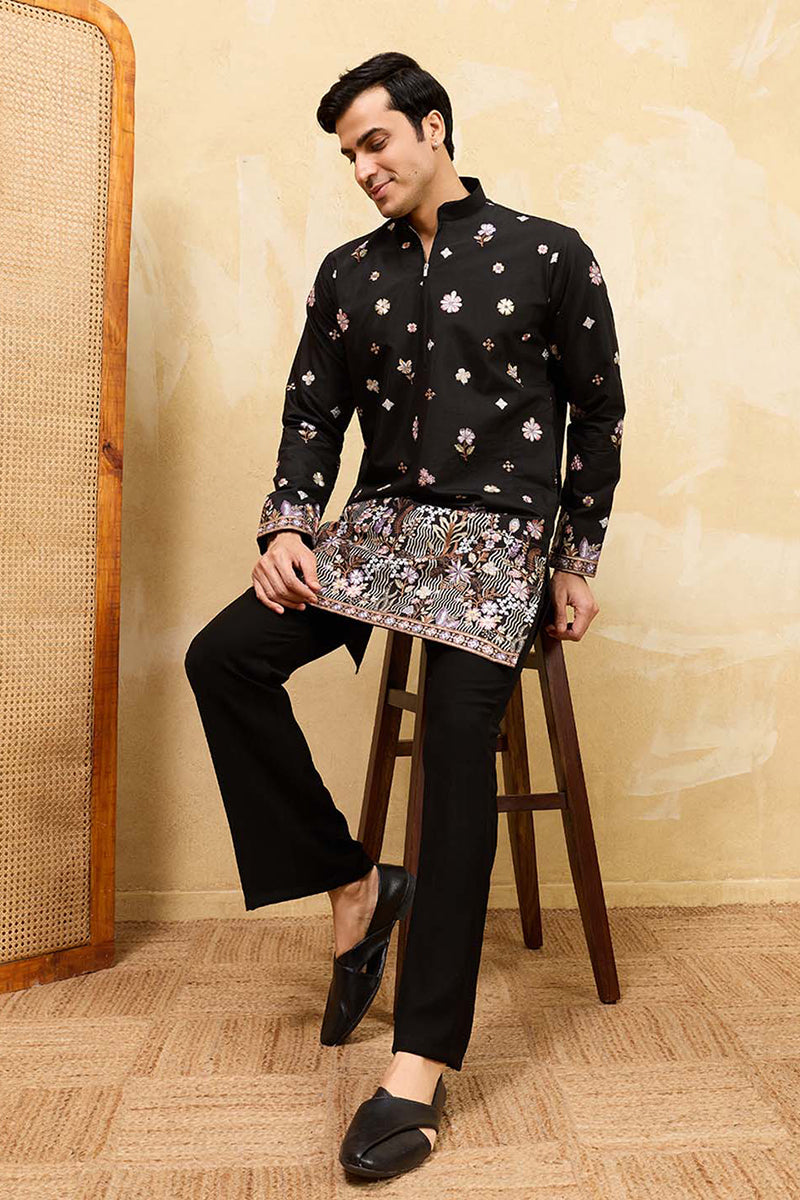 Men Black Silk Blend Embroidered Straight Kurta Sets | SHOBITAM